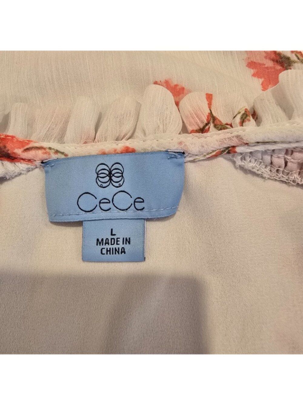 CeCe Womens White Blouse Ruffled Sleeve Floral Print Smocked Shoulders Size L - Picture 7 of 8